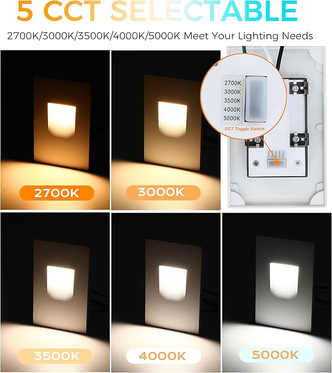 CLOUDY BAY 120V Dimmbale 5 Color LED Indoor Outdoor Step Light2700K/3000K/3500K/4000K/5000K 3W 70lmStair LightWhite6 Pack