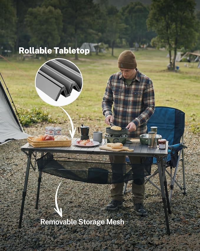 Gonex 50 Camping Table with Adjustable Height Legs for Uneven Ground Portable Folding Aluminum Roll Up Table with Mesh Pocket for Camping Picnic BBQ Cooking