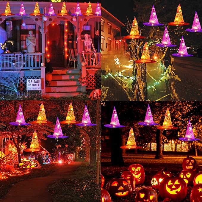 DAZZLE BRIGHT 8 Pcs Hanging Witch Hat String Lights Light Up Waterproof Halloween Decorations with Remote Control for Outdoor Garden Party Carnival Supplies Decor (2 Pack)
