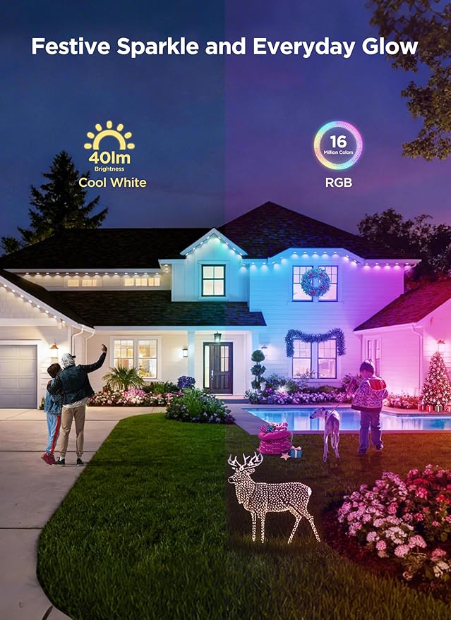 Permanent Outdoor Lights 50FT with 32 Smart RGB LED Lights DIY Scene Mode IP68 Waterproof Christmas Lights for Daily and Accent Lighting Outdoor Decor House Roof Holiday Decorations