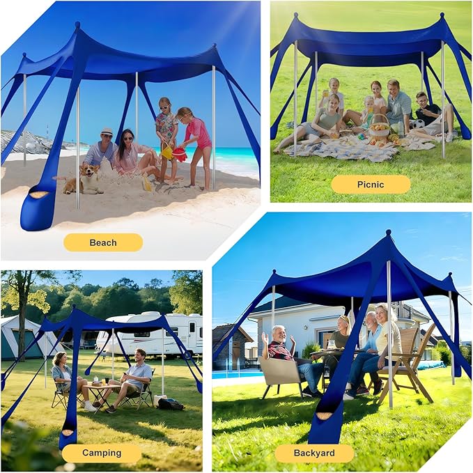 Beach Tent Sun Shelter UPF 50+10x10 FT Beach Canopy Tent Sun ShadePop Up Beach Canopy with 8 SandbagsOutdoor Beach Shade for Camping Trips Fishing Backyard Fun Picnics (Navy Blue)
