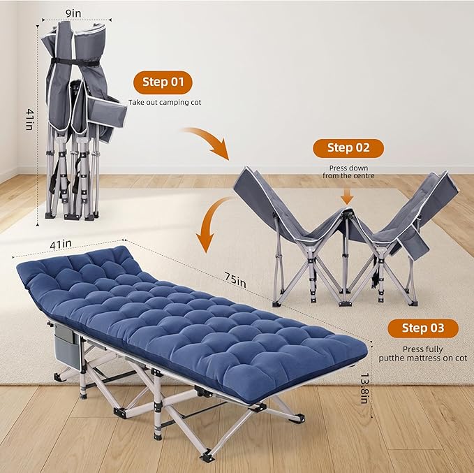 2 Pack Camping Cots for Adults - Folding Camping Cot with Removable Padded Cushion Heavy Duty Portable Sleeping Cot with Head Tilt Design Carry Bag for Camping Travel Office Nap Guest Bed