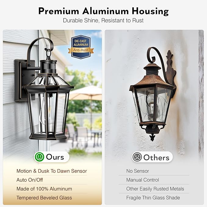 VIANIS Motion Sensor Outdoor Wall Lights Dusk to Dawn Exterior Light Fixture Wall Mount for House Front Porch Light Black Anti-Rust Aluminium Modern Outdoor Wall Sconce Lantern for Garage 2 Pack