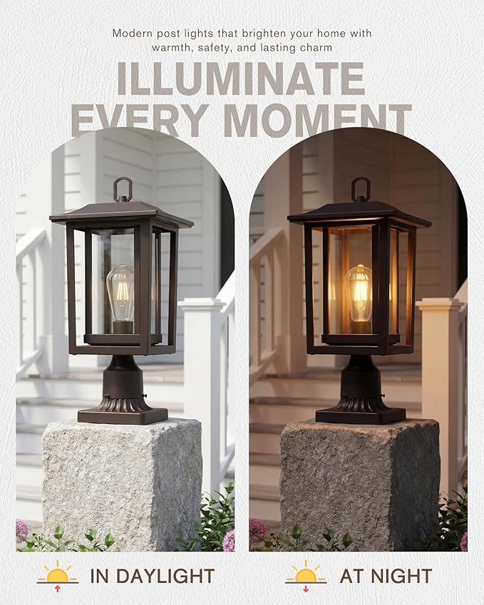 Beionxii Oil Rubbed Bronze Outdoor Post Lights 2 Pack 19In Lamp Post Light Fixture for Outside with Pier Mount Base Waterproof Aluminum HousingORB Column Mount Light(Hardwired 120V)BXA197-P-2P-ORB