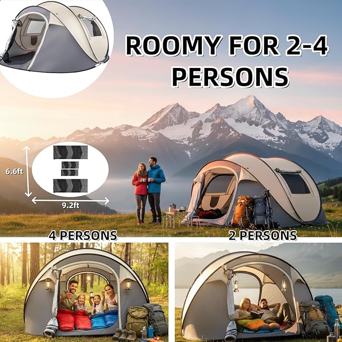 4 Person Pop Up Tent Instant Setup 10 Seconds Lightweight Family Camping Tent with Ventilation Spacious 9.2x6.6ft for Outdoor Beach Backyard Hiking