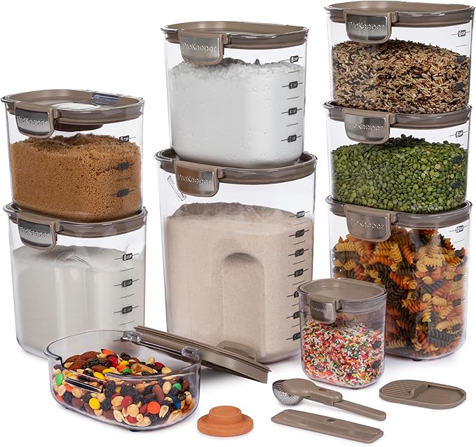ProKeeper+ Airtight Food Storage Container Set – Clear Plastic Flour and Sugar Canister Set with Magnetic Accessories for Kitchen Organization (Taupe 13-Piece)