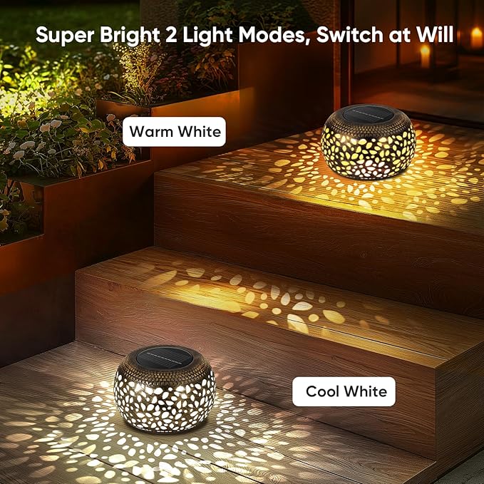 Solar Lantern Outdoor Patio Decor: 4 Pack Solar Lanterns Outdoor Waterproof Hollow Out Retro Metal Solar Lights Yard Porch Garden Balcony Indoor Desk Bedroom Tabletop Decorations 2 Lighting Colors