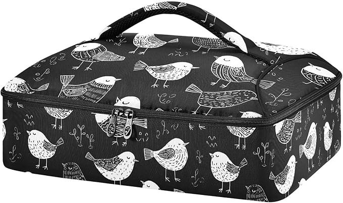 Casserole Carrier Birds BlackInsulated Casserole Carrier for Hot or Cold Food Thermal Lunch Tote for Potluck Parties Picnic Beach Fits 9 x 13 Inches Baking Dish