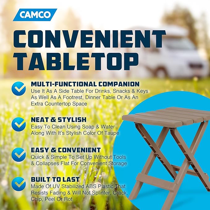 Camco Adirondack Portable Outdoor Camping Small Weatherproof Rustproof Durable Plastic Folding Side Table for Indoor and Outdoor Use 2 Pack Taupe