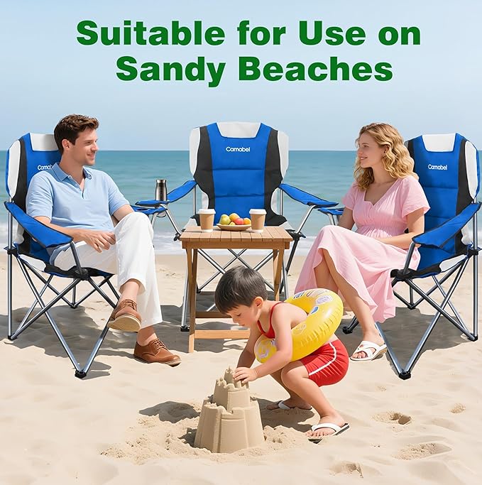 Camabel Folding Camping Chairs Oversized Heavy Duty 400 LBS Sturdy Beach Chair Portable Outdoor Lawn Chairs High Padded Back with Cup Holder Carry Bag for Sporting Hiking Picnics Fishing Concerts Blue