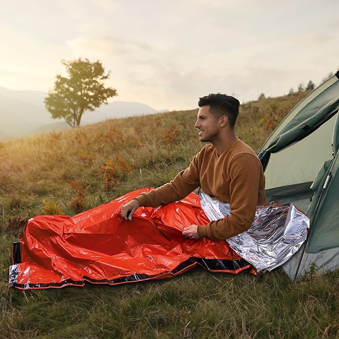 6 Pack Emergency Survival Sleeping Bags Thermal Bivy Sack Blanket Lightweight Portable Nylon Sack with Whistle Aluminized PE Survival Gear Supplies for Camping Hiking Outdoor Adventure