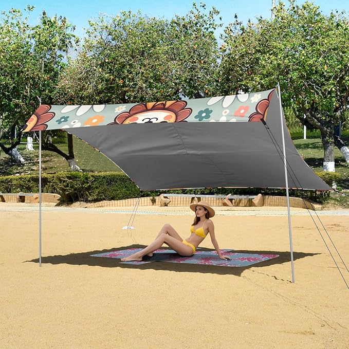Cute Cartoon Little Lion Face Little Daisy Camping Sun Shelter Beach Tent Portable Beach Sun Shade Outdoor Canopy for Camping Trips Fishing Picnic
