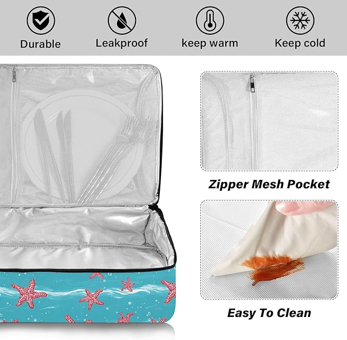 Casserole Carrier Red Starfish Turquoise WavesInsulated Casserole Carrier for Hot or Cold Food Thermal Lunch Tote for Potluck Parties Picnic Beach Fits 9 x 13 Inches Baking Dish