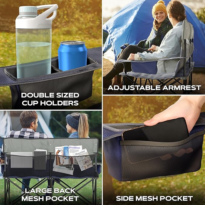 Oversized Fully Padded Double Camping Chair Portable Folding Loveseat w/Side &amp Back Pockets Adjustable Armrests Double-Sized Cup Holders for Outdoor Indoor Supports 530LBS (Dark Navy)
