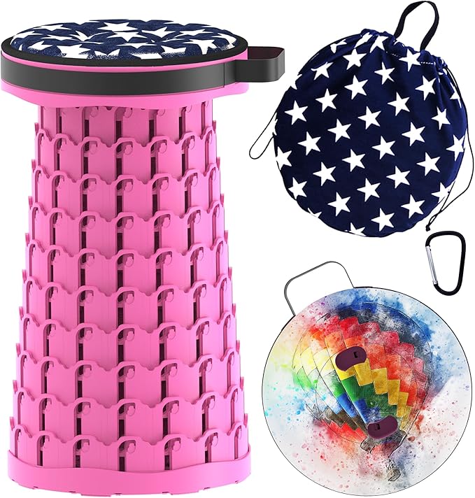 ALEVMOOM Upgraded Telescoping Collapsible Stool with Cushion Folding Stool with Printing Portable Retractable Foldable Seat Max Load 600lbs for Adults Camping Fishing Outdoor