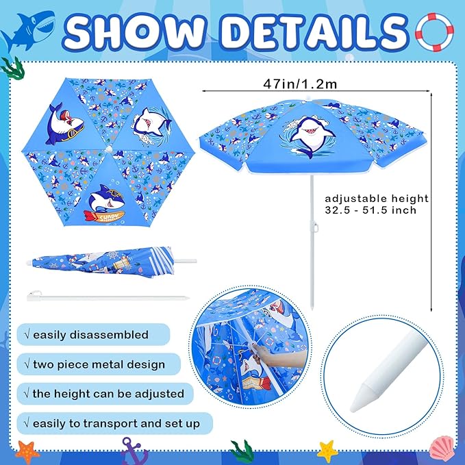 Sweetude Water Table Umbrella (Table Not Included) Kids Seaside Beach Umbrella Picnic Canopy for Summer Toddlers Sand Beach Camping Garden Outdoor Pool Shade Party Supply(Shark Theme)