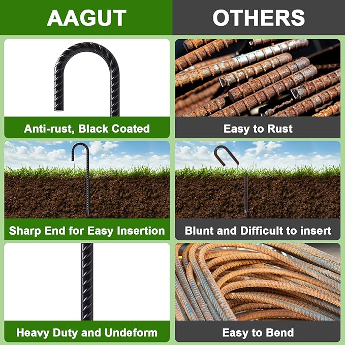 AAGUT Rebar Stakes 16 Inch J Hook Heavy Duty 8 Pack 3/8 Inch Black Coated Metal Steel Ground Anchors Chain Link Fence Stakes for Camping Tent Inflatables Yard Decorations Canopies &amp Swing Sets