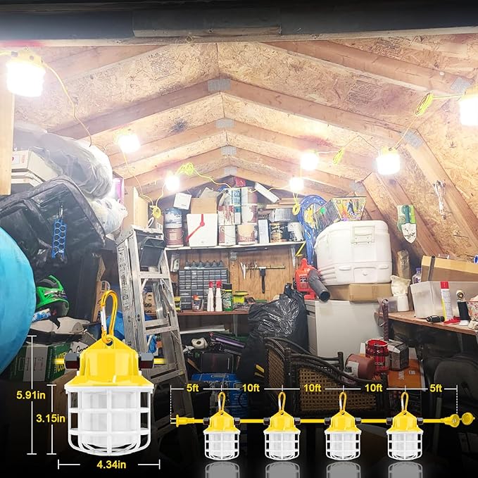 100ft LED Construction String LightsSuper Bright 150W 15000LM Waterproof IP65 Led String Work Lights Construction Temporary Lights (100ft-10lights)