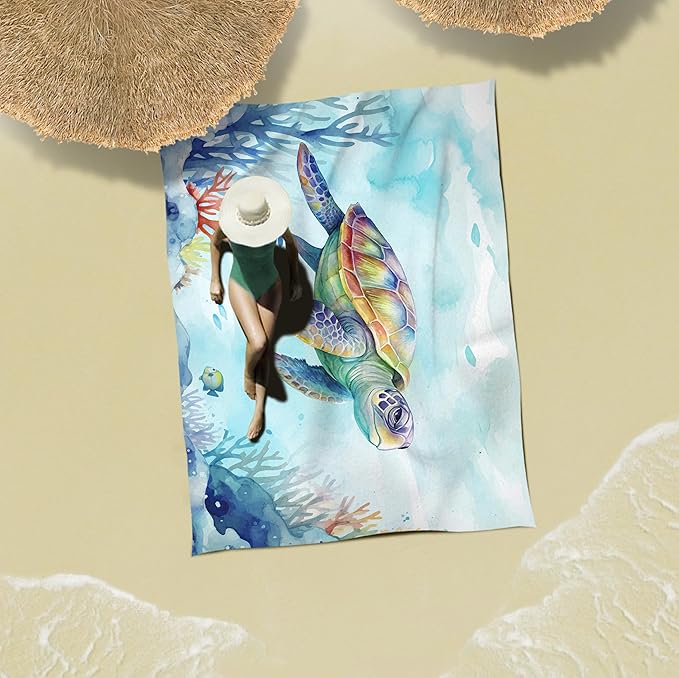 Sunlit Silky Soft 81x106 Sand Proof Beach Blanket Sand Proof Mat with Corner Pockets and Fashion Mesh Bag for Beach Party Travel Camping and Outdoor Music Festival Vibrant Turtle and Coral