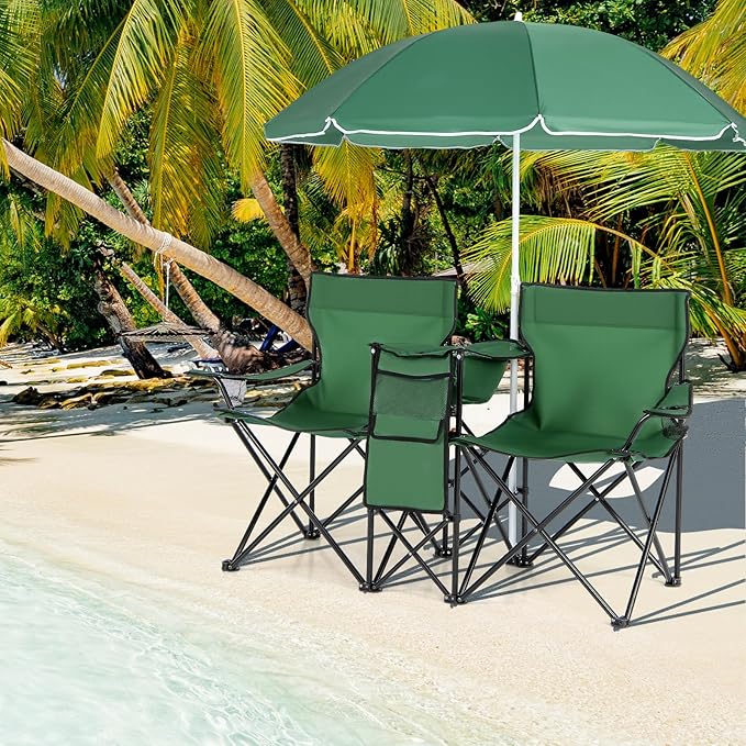 MAT EXPERT Folding Double Camp Chair w/Removable Umbrella Portable Picnic Chair w/Mini Table Chair Set w/Beverage Holder Portable Loveseat Camp Chairs for Beach Backyard Poolside (Green)