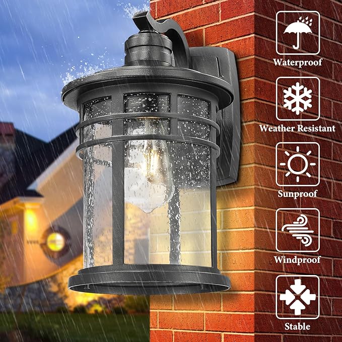 Darkaway Large Outdoor Porch Lights Wall Mount 15inch Outdoor Light Fixtures Sconces Wall Lighting with Seeded Glass Exterior Lights for Patio Yard House Hallway Doorway Garage(Large Black)