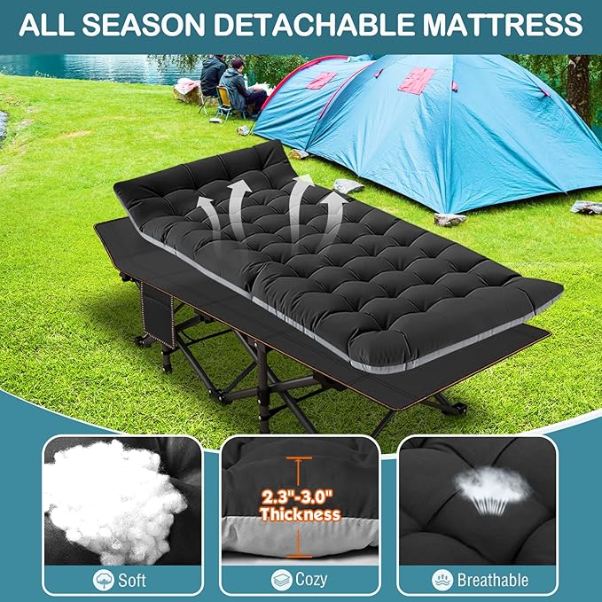 NAIZEA Folding Camping Cots for Adults Folding Cot with Mattress Camping Foldable Bed Portable Military Cot Double Layer Oxford Strong Heavy Duty Sleeping Cots w/Carry Bag for Camp Office Travel