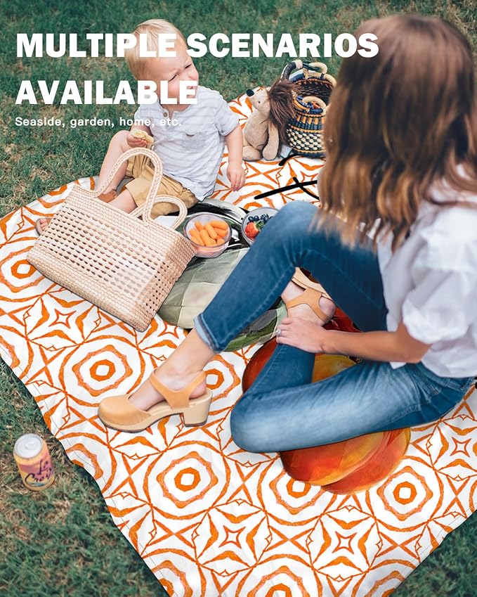 Beach Blanket Waterproof Sandproof Orange Pumpkin Fall Thanksgiving Abstract Geometric Quick Drying Beach Mat with 4 Stakes Autumn Farm Harvest Lightweight Picnic Blanket for Travel 83x79