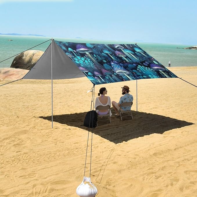 Blue Mushrooms Beach Tent Sun Shelter 9.2' x 10.5' Beach Canopy with 4 Sandbags 4 Stability Poles Sand Shovels - Tent Canopy for Beach Camping Fishing Picnics