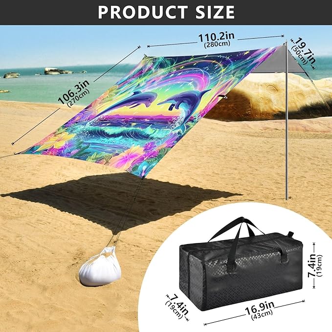 ALAZA Dolphin Tropical Summer Beach Tent Sun Shelter UPF50+ Protection Beach Shade Canopy w/ 4 Sandbags for Outdoor Camping Fishing Backyard Fun Picnic 10x9 ft