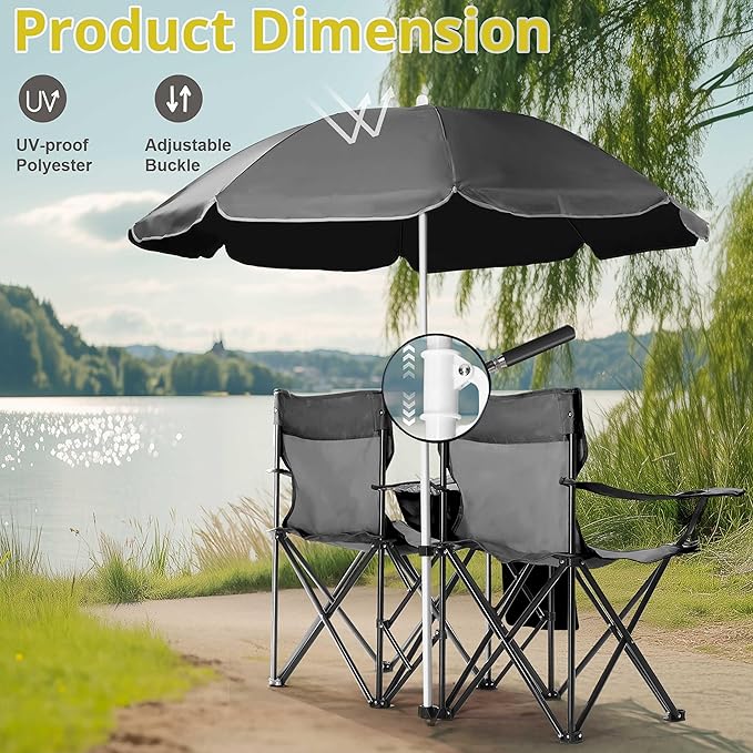 2-Seat Folding Camping Chair w/Removable Sun Umbrella Portable Outdoor Chair for Fishing Sunbathing and Camping Durable Steel Frame and Oxford Fabric Includes Carrying Bag Load 180 LBS Per Seat