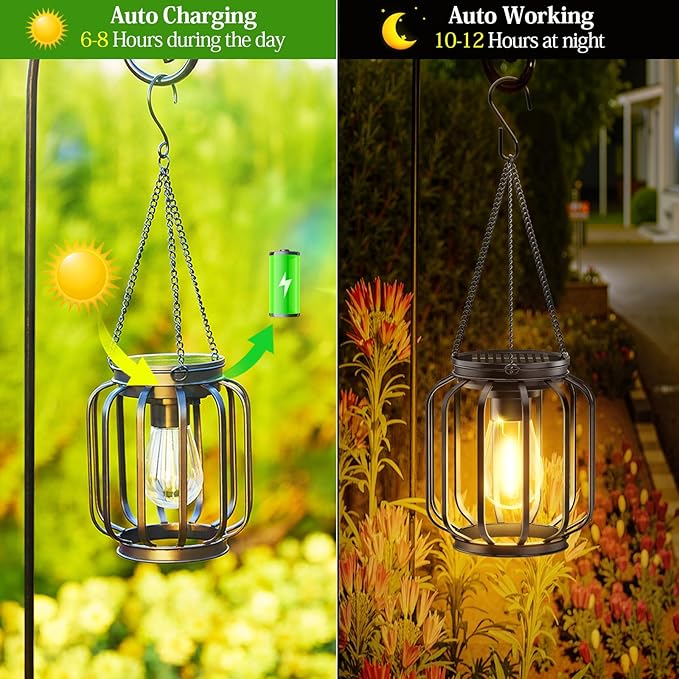 Solar Hanging Lanterns Outdoor: 2 Pack Metal Solar Hanging Lights with Hook Bright - Warm Waterproof LED Lanterns for Outside Classic Decorative Solar-Powered Light for Yard Garden Patio Porch Decor