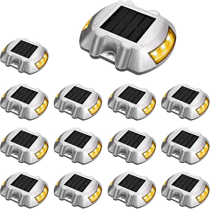 JIGUOOR Solar Deck Lights LED Driveway Lights Solar Powered Dock Light Outdoor IP68 Waterproof Road Markers for Step Sidewalk Stair Boat Garden Ground Pathway Yard (Yellow 14 Pack)