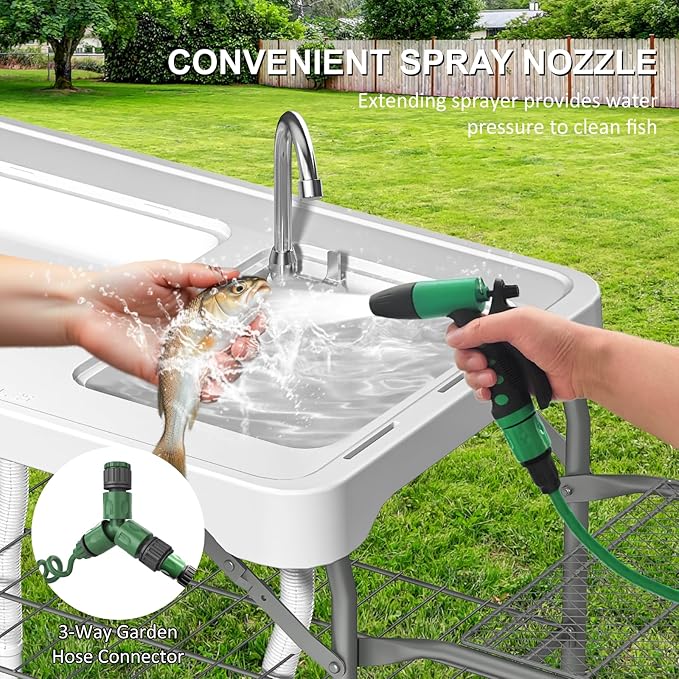 42.5 Fish Cleaning Table with Dual Sink Portable Folding Camping Table with Foldable Extension Stand Faucet Sprayer Grid Rack Hose Hook Up &amp Knife Groove Outdoor Sink Station for Picnic