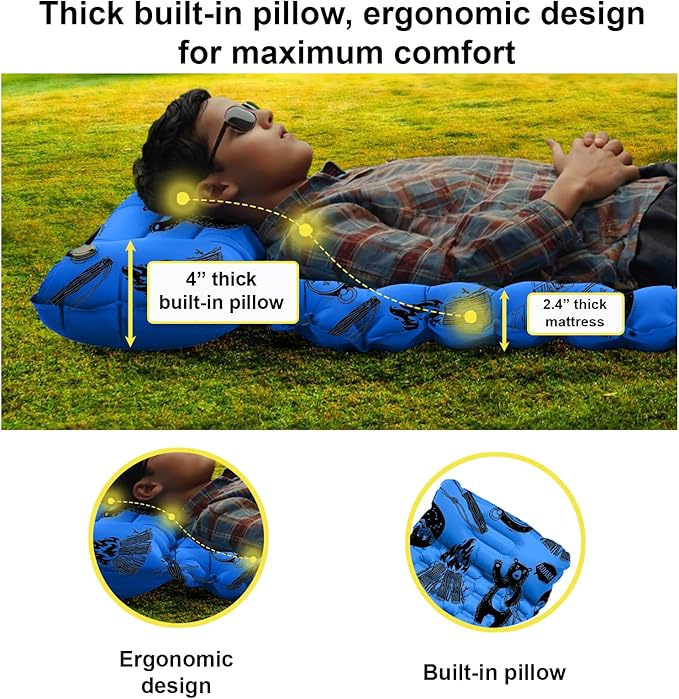 Inflatable Sleeping pad for Kids Toddler and Youth | Air Mattress w Built-in Pump 5’5” Ultralight Sleeping Mat with Pillow for Camping Sleepovers &amp Travel | Airpad Kids Cot Camping Mattress -