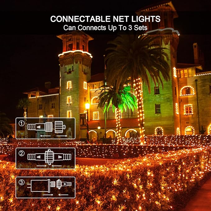 JMEXSUSS 360 LED Orange Net Lights Bush Lights with 8 Modes Outdoor Waterproof for Christmas Party Patio Garden Decorations