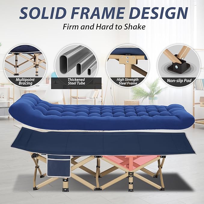 Folding Camping Cot for Sleeping Portable Cots for Adults Heavy Duty Cot Bed 550LBS(Max Load) Extra Wider Cots with Large Pocket for Outdoor Office Beach