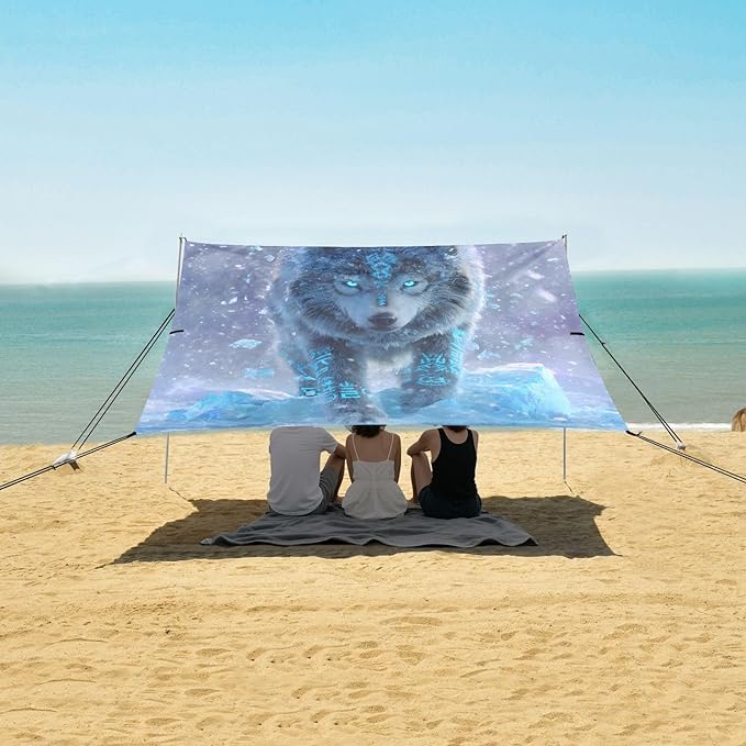 ALAZA Snow Wolf Beach Tent Sun Shelter UPF50+ Protection Beach Shade Canopy w/ 4 Sandbags for Outdoor Camping Fishing Backyard Fun Picnic 10x9 ft