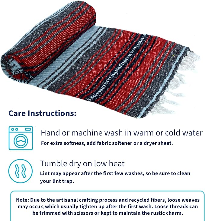 La Montana Mexican Blankets and Throws 4 Pack 74x50 - Made in Mexico Lightweight Yoga Blanket for Schools Studios Outdoors Camping Picnic Decor - Washable Red/Light Blue/Charcoal