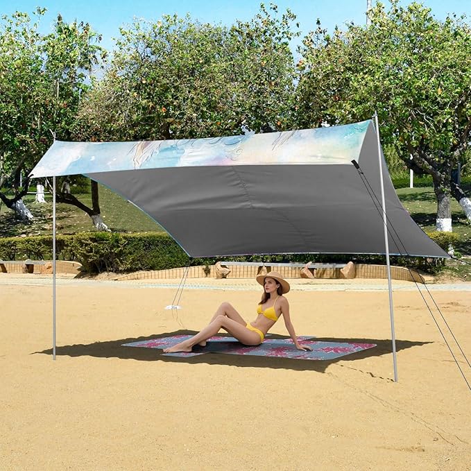 ALAZA Curly Llama Watercolor Alpaca Beach Tent Sun Shelter UPF50+ Protection Beach Shade Canopy w/ 4 Sandbags for Outdoor Camping Fishing Backyard Fun Picnic 10x9 ft