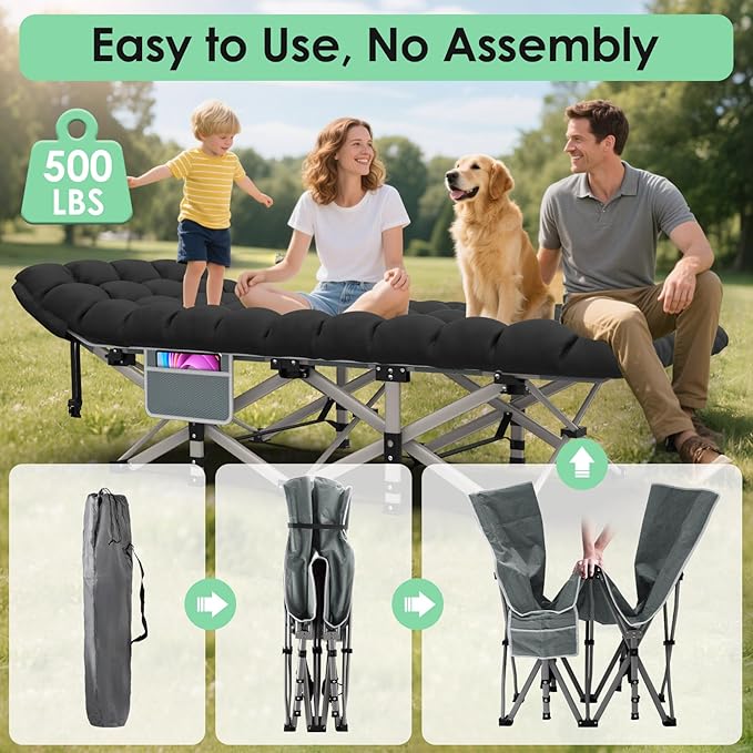 Suteck Camping Cot Folding Camping Cot Bed for Adults Sleeping 1200D Double Layer Oxford Portable Folding Outdoor Cots for Camping W/Soft Pad Carry Bag for Home Office Nap Beach Travel