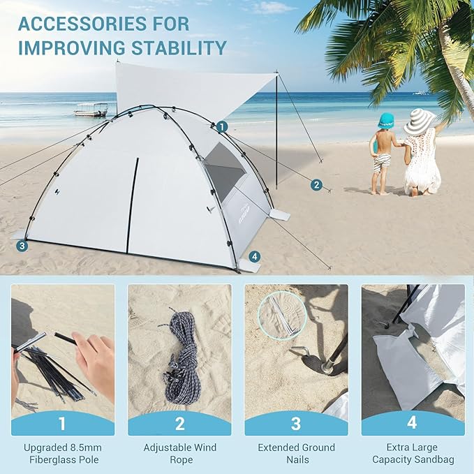 Elegear CumbreX™ Beach Tent Sun Shelter with Canopy 4-5 Person Pop Up Beach Tent Easy Setup UPF 50+ UV Protection Portable Lightweight Double Silver Coating Cabana Sun Shade Shelter - Silver