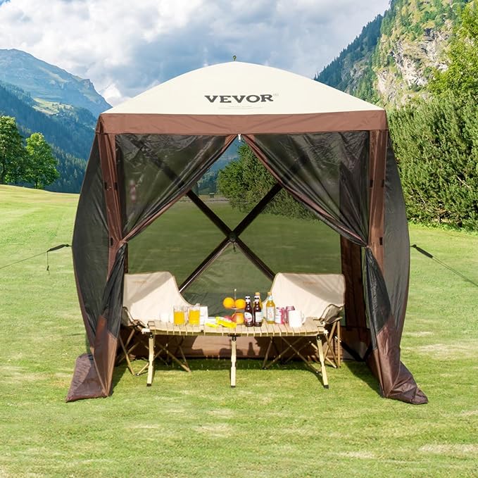 VEVOR Pop Up Gazebo Tent Pop-Up Screen Tent 4 Sided Canopy Sun Shelter with 4 Removable Privacy Wind Cloths &amp Mesh Windows 6x6FT Quick Set Screen Tent with Mosquito Netting Brown