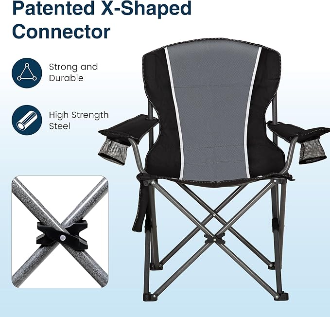 HIGH POINT SPORTS Oversized Camping Folding Chair Heavy Duty Outdoor Chair with Armrest Portable Lawn Chair with Cup Holder for Adults Support 350 LBS 2 Pack Gray-Black