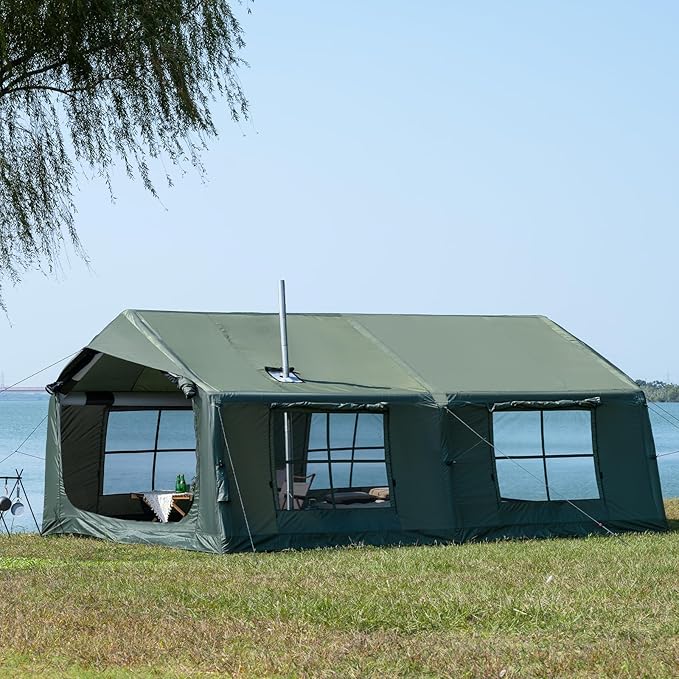 Inflatable Camping Tent with Hand Pump Waterproof Outdoor Blow up Tent 2-8 Person Oxford 4 Season Glamping Air Tent Cabin House with Mesh Windows &amp Door