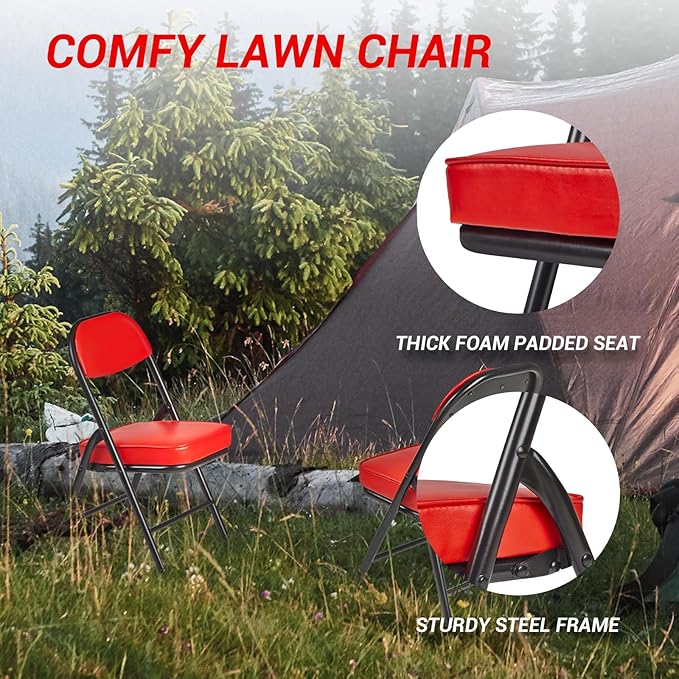 Mini Padded Folding Chairs Garage Stool Portable Camping Chair with Cushion Lightweight Lawn Chair for Outdoor Sports Events Patio Fishing Hiking Hunting Picnic Beach Red
