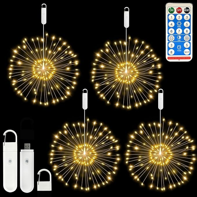 FOOING 4 Pack Firework Lights LED Hanging Christmas Lights 8 Modes USB Rechargeable Battery Operated Fairy Light with Remote Twinkle Star String Lights for Party Christmas Decoration Outdoor Indoor