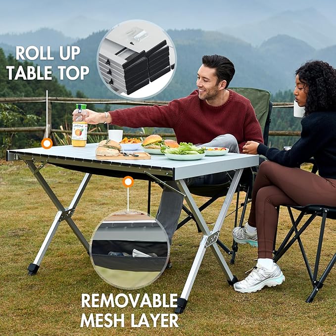 PORTAL Folding Outdoor Camping Table with Adjustable Height Aluminum Roll-Up Top and Carry Bag Big Large Portable Tables for Picnic BBQ and Tailgating Silver