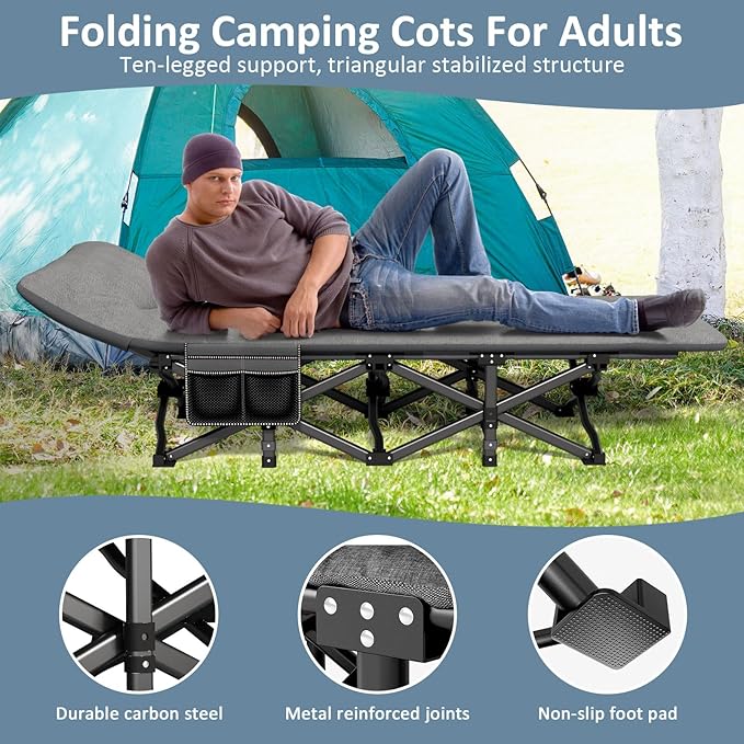 Camping Cot Folding Cot Bed for Adults with Built-in Mattress and Pillow Portable Outdoor Sleeping Cot for Camping and Travel with Carry Bag Grey Max Load 450 LBS