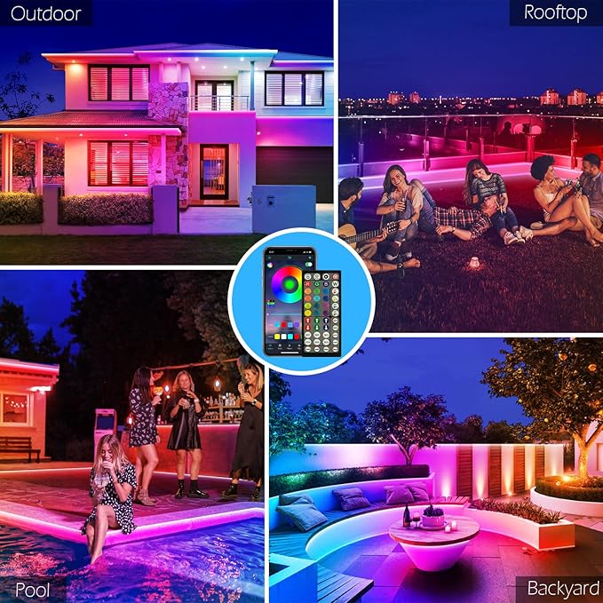 FBZ 100Ft Outdoor Waterproof LED Strip LightsMusic Sync RGB IP65 Led Lights with App Control and RemoteColor Changing Waterproof Led Rope Lights for OutdoorBalconyRoofGardenStairs Party
