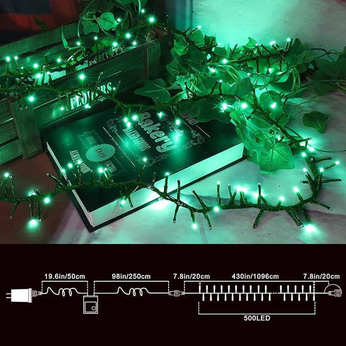 LAMPHOME 500 LED St Patrick's Day String Lights Outdoor 11 Modes Plug-in Twinkle Fairy for Bedroom 46ft 500LED Christmas Cluster Outdoor Waterproof Green
